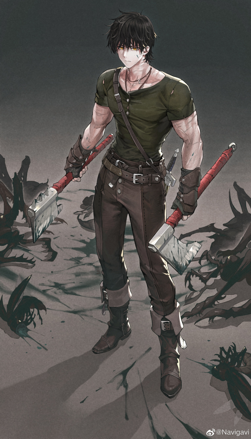 1boy, absurdres, animal, axe, belt, blood, blood_on_face, blood_on_weapon