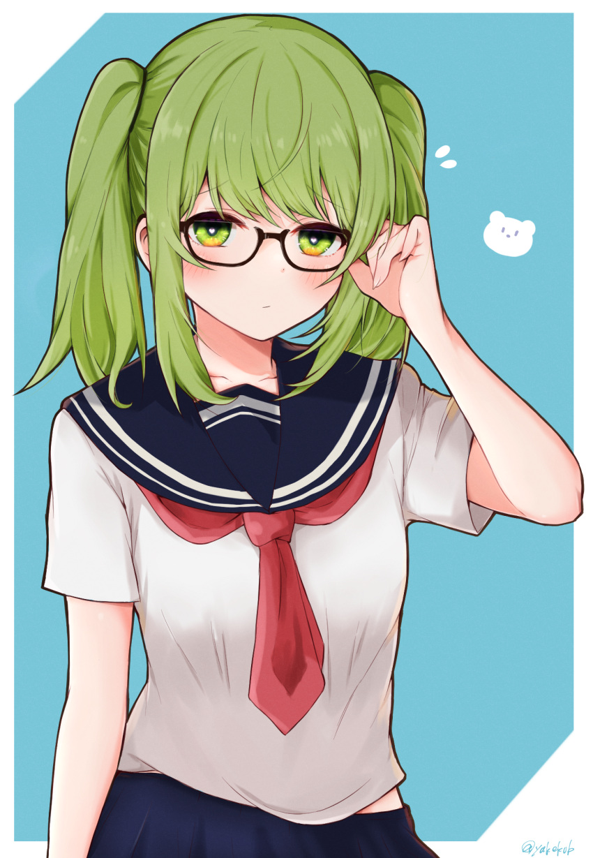1girl, adjusting_eyewear, bespectacled, blue_sailor_collar, blush, cinderella_(vocaloid), embarrassed, glasses