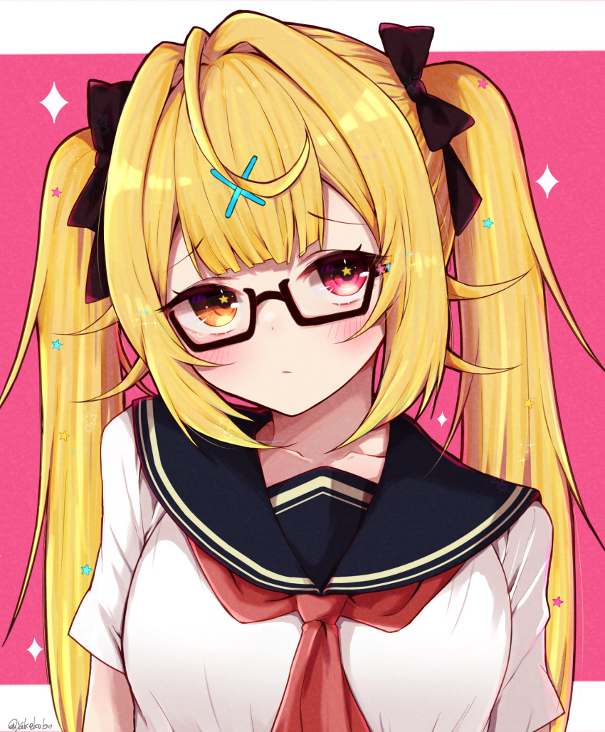 1girl, bespectacled, black-framed_eyewear, black_sailor_collar, blonde_hair, blush, cinderella_(vocaloid), embarrassed
