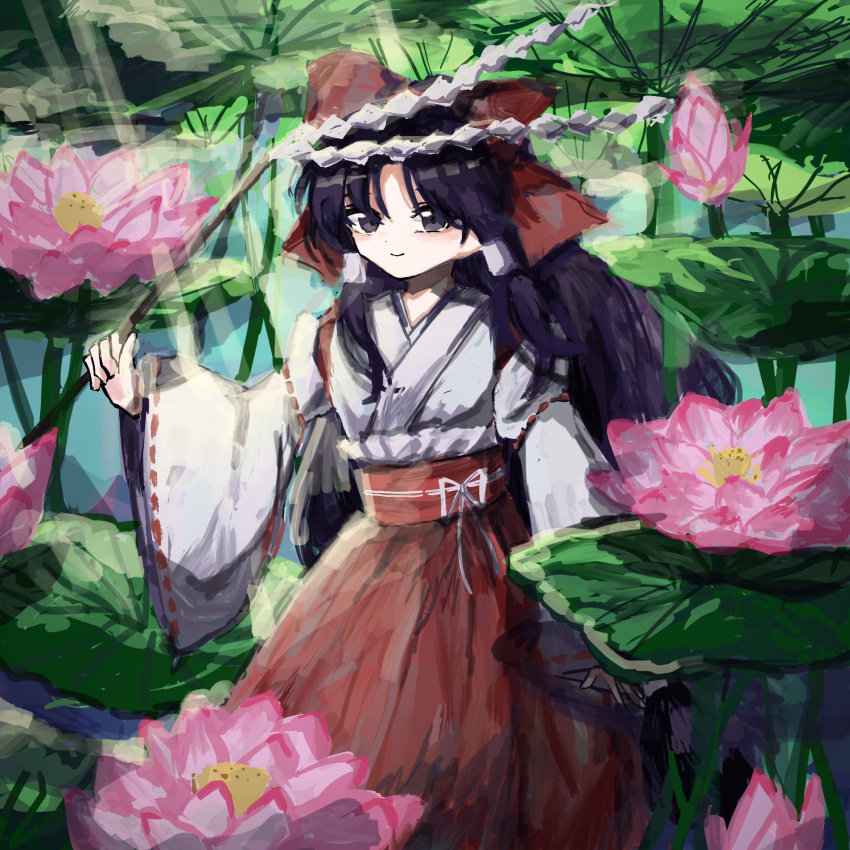 1girl, black_hair, braid, flower, hair_ribbon, hair_tubes, hakurei_reimu, hakurei_reimu_(pc-98), highres, japanese_clothes, light, long_hair, looking_at_viewer, lotus, lotus_leaf, miko, pink_flower, plant, red_ribbon, red_skirt, ribbon, skirt, solo, sunlight, touhou, touhou_(pc-98), twin_braids, uran_92, wide_sleeves