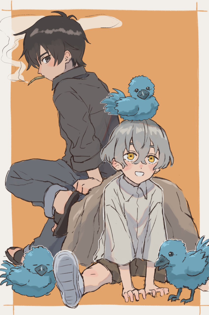 2boys, @acchom_zatta, aged_down, animal, bird, black_eyes, black_footwear, black_hair