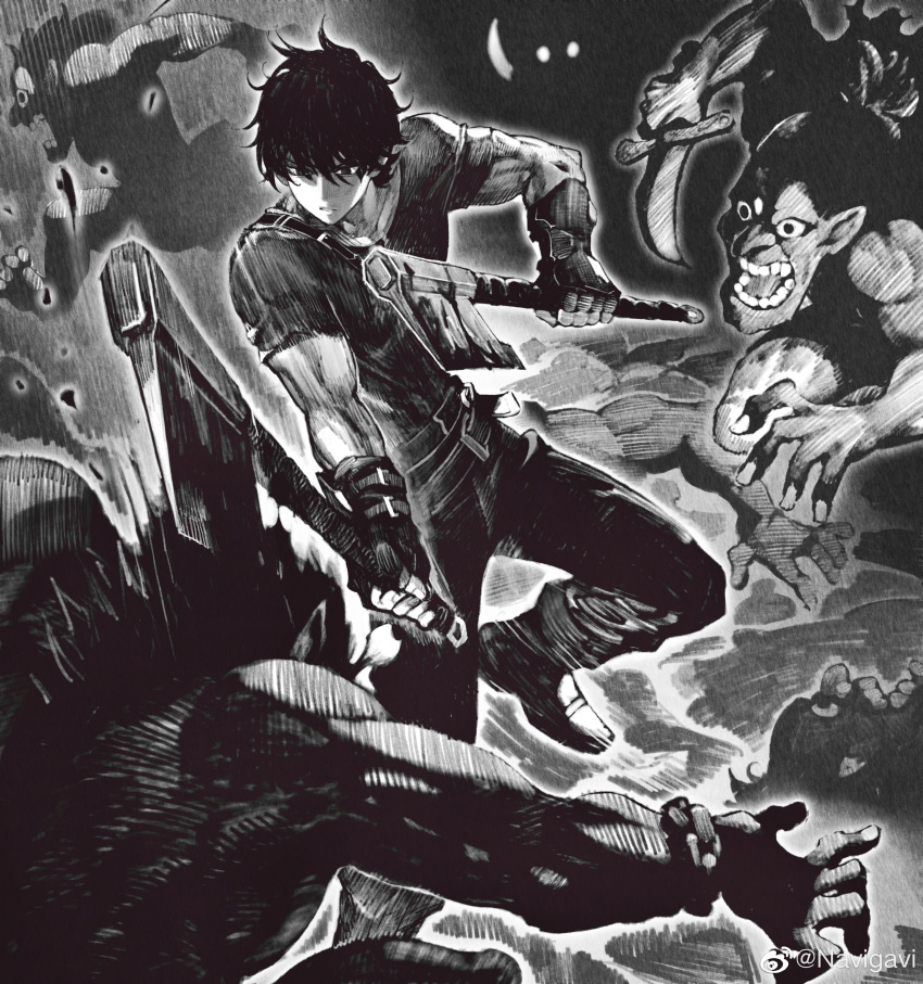 1boy, absurdres, attack, axe, belt, blood, blood_splatter, boots