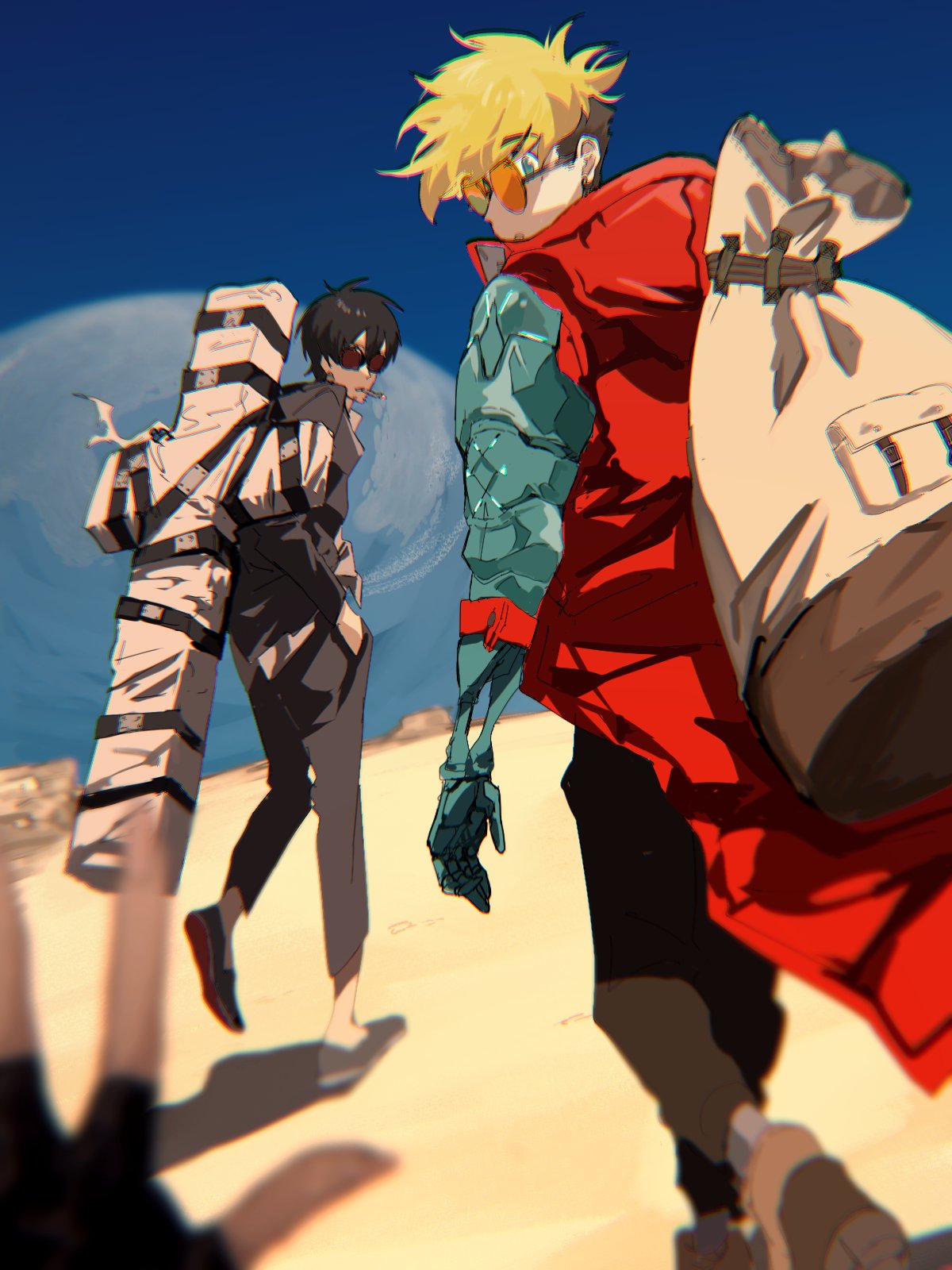 2boys, black_footwear, black_gloves, black_hair, black_jacket, black_pants, black_straps, blonde_hair