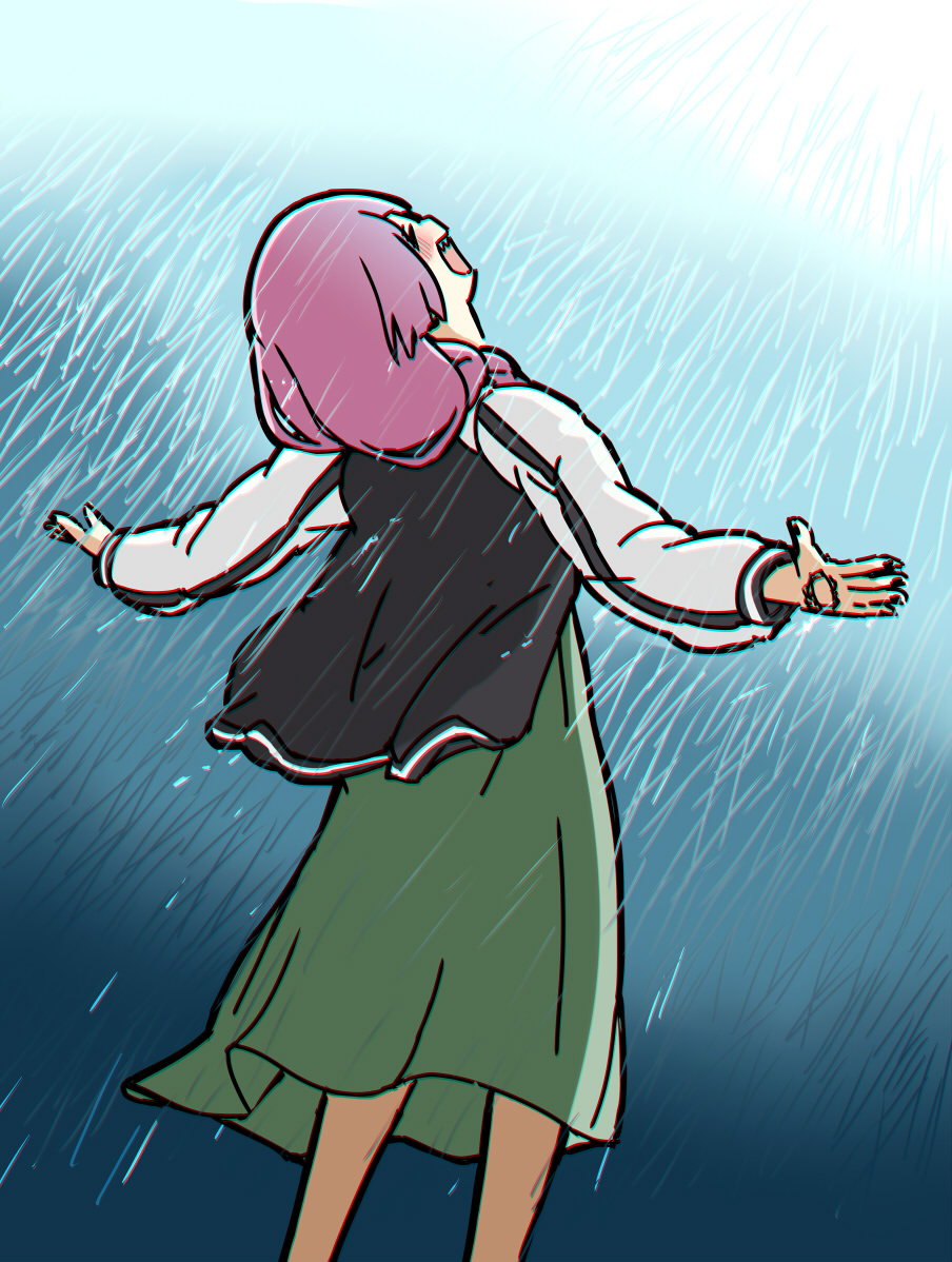 1girl, black_jacket, blush, bocchi_the_rock!, closed_eyes, dress, feet_out_of_frame, from_behind