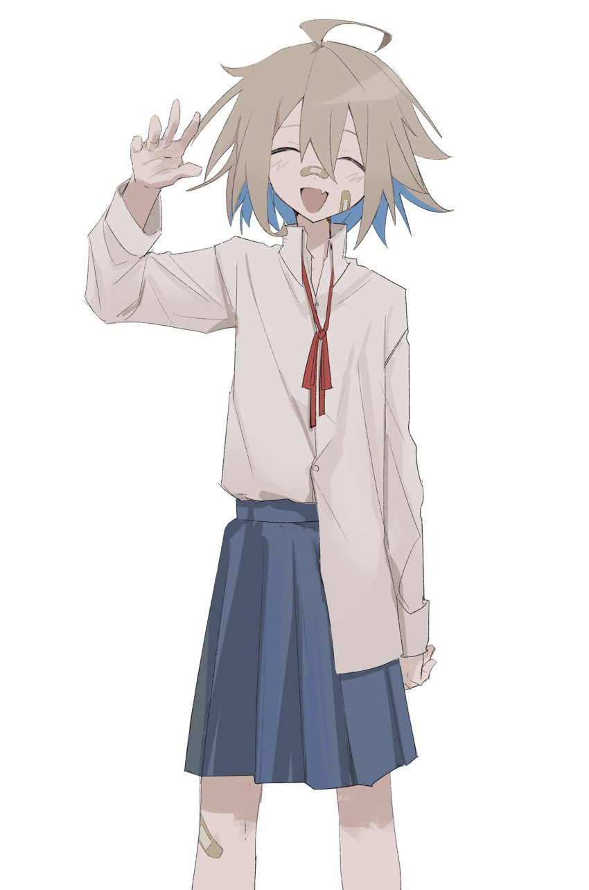 1girl, ahoge, bandaid, bandaid_on_cheek, bandaid_on_face, bandaid_on_nose, blue_hair, blue_skirt, blush, brown_hair, closed_eyes, colored_inner_hair, commentary, do_it_yourself!!, dress_shirt, facing_viewer, fang, feet_out_of_frame, hand_up, highres, loose_neck_ribbon, multicolored_hair, neck_ribbon, o-three, open_mouth, pleated_skirt, popped_collar, red_ribbon, ribbon, school_uniform, shirt, shirt_partially_tucked_in, short_hair, simple_background, skin_fang, skirt, smile, solo, standing, straight-on, waving, white_background, white_shirt, yua_serufu
