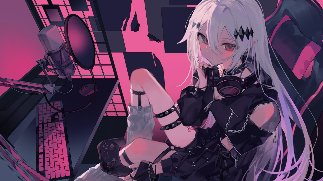 1girl, black_collar, black_gloves, blush, chair, closed_mouth, collar, controller, detached_sleeves, fingerless_gloves, game_controller, gloves, hair_between_eyes, hair_ornament, headphones, headphones_around_neck, holding, indie_virtual_youtuber, jewelry, kamishiro_nia_(vtuber), keyboard_(computer), leg_warmers, long_hair, looking_at_viewer, microphone, monitor, multicolored_hair, multiple_rings, null1040, pink_eyes, pink_hair, pointy_ears, purple_hair, ring, single_glove, sitting, solo, spiked_collar, spikes, very_long_hair, virtual_youtuber
