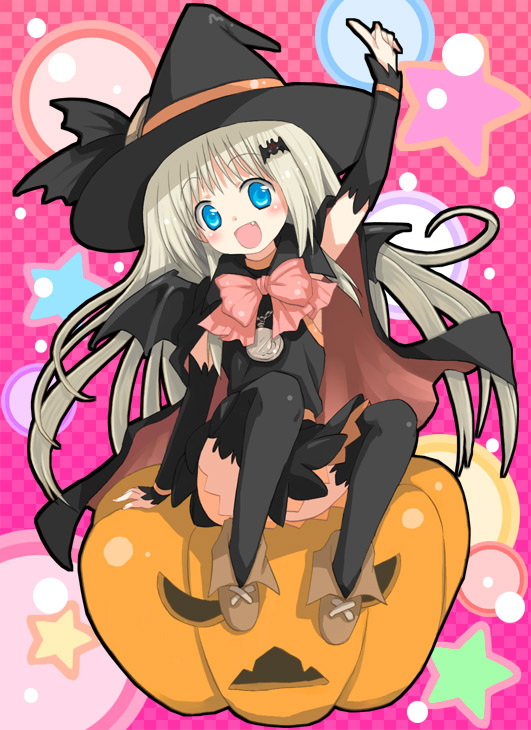 bat_wings, blue_eyes, blush, cape, fang, flat_chest, halloween, hat
