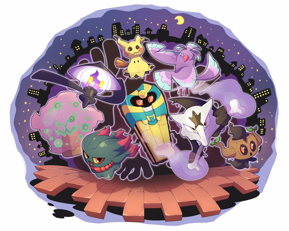 alolan_marowak, bone, closed_eyes, cofagrigus, colored_sclera, crescent_moon, eagle_(pixiv8177028), holding