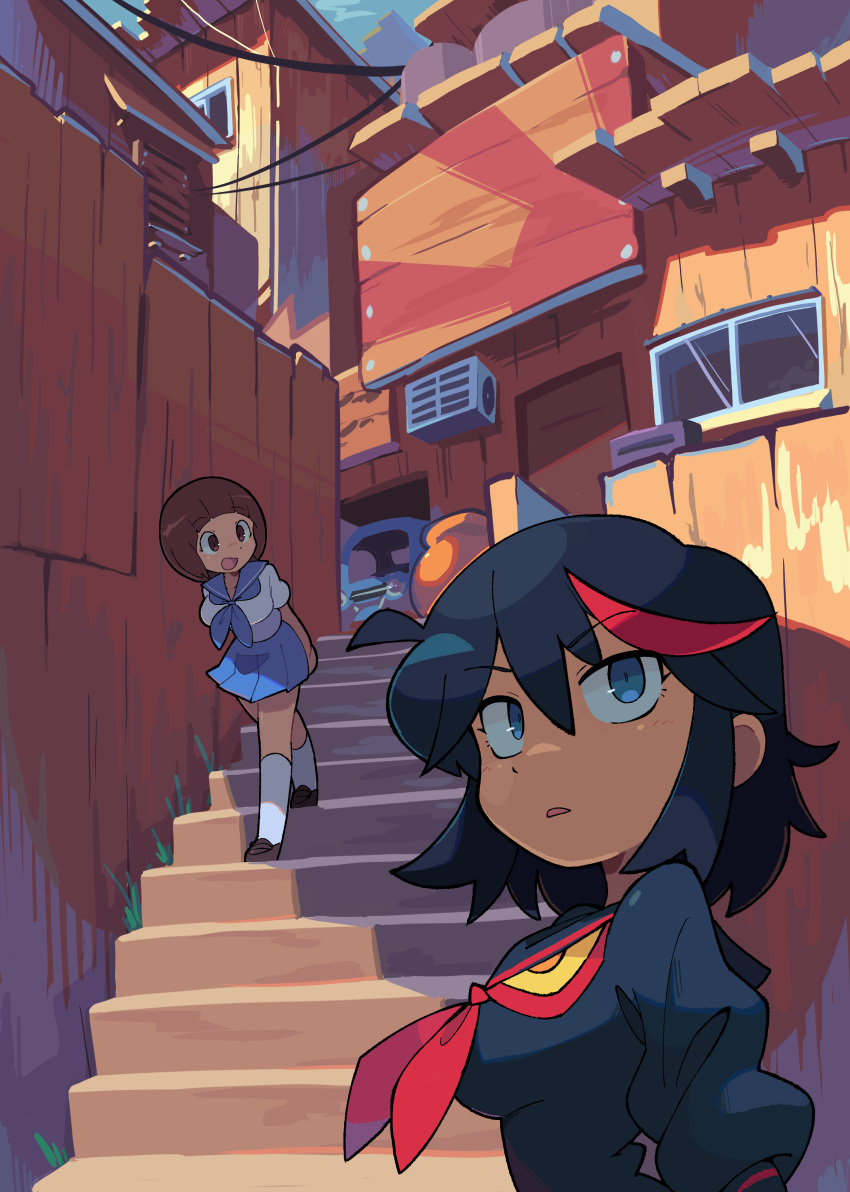 2girls, absurdres, air_conditioner, bacun, black_hair, black_sailor_collar, black_shirt, blue_eyes