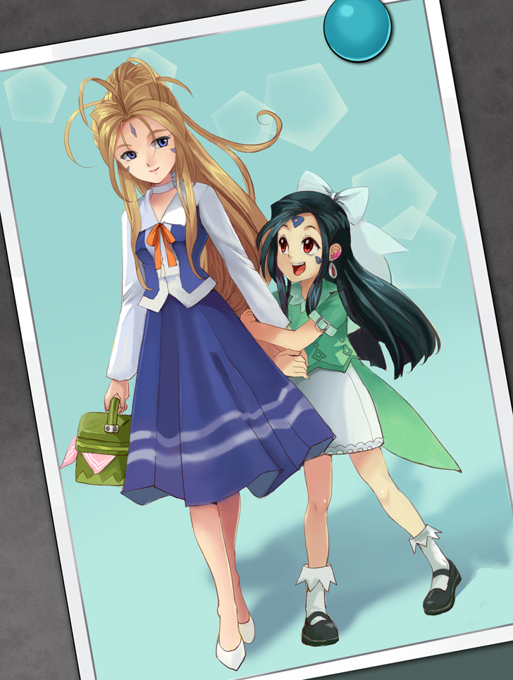 amg192003, belldandy, black_hair, blue_eyes, brown_hair, facial_mark, forehead_mark, long_hair