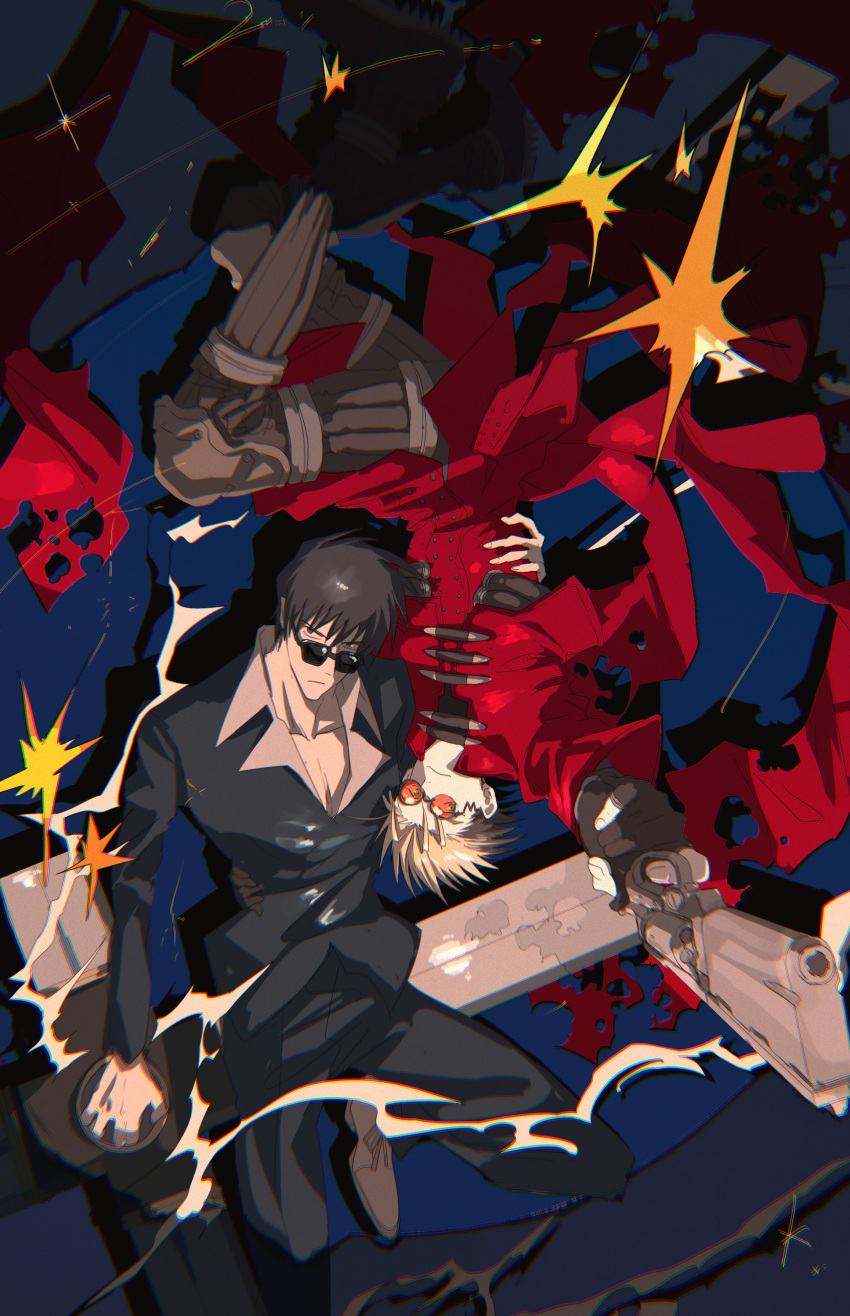 2boys, absurdres, black_eyes, black_gloves, black_hair, black_jacket, black_pants, blonde_hair