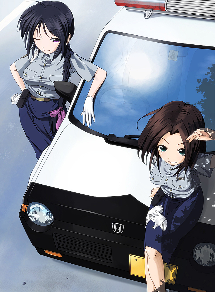 braid, brown_hair, from_above, gloves, green_eyes, kobayakawa_miyuki, long_hair, naono, police, police_car, police_uniform, policewoman, purple_eyes, short_hair, tsujimoto_natsumi, uniform, violet_eyes, you're_under_arrest, you're_under_arrest