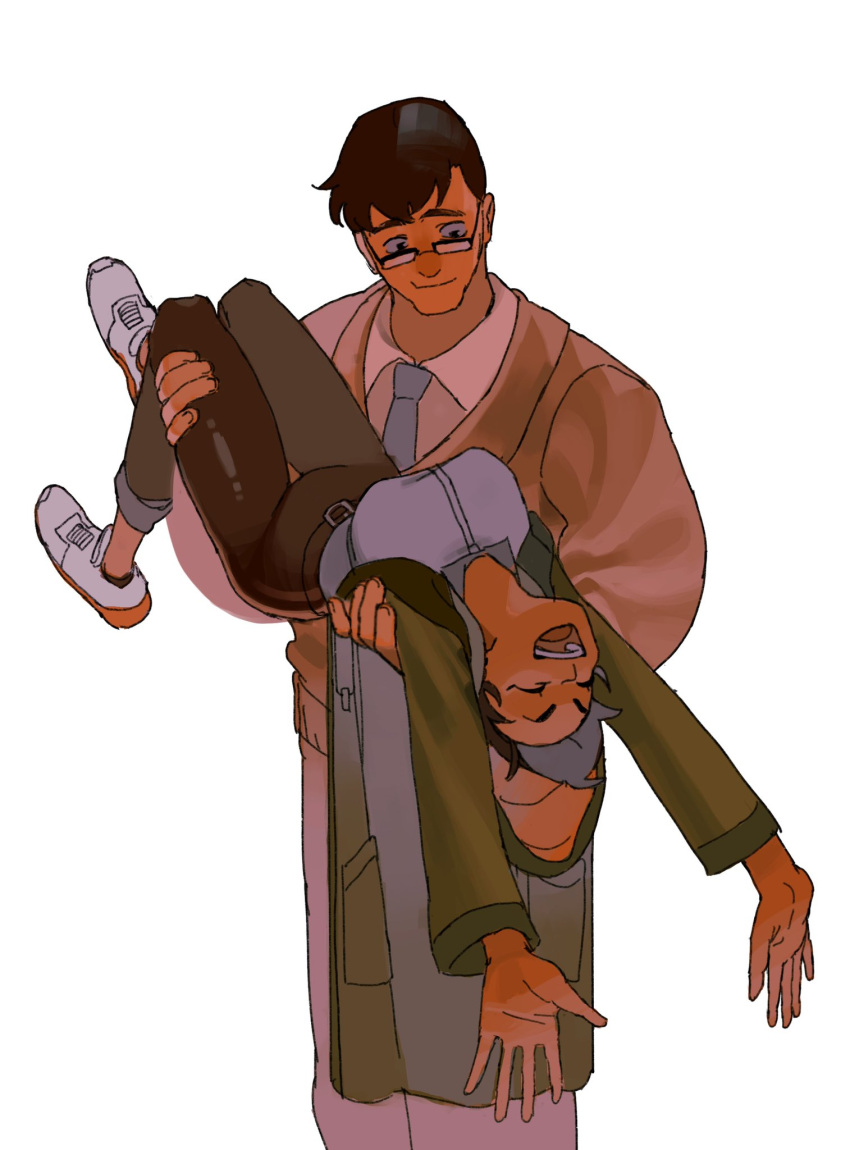 1boy, 1girl, black_hair, carrying, carrying_person, clark_kent, closed_eyes, dark-skinned_female, dark_skin, dc_comics, glasses, happy, highres, kengyou_lei, lois_lane, looking_at_another, my_adventures_with_superman, necktie, shoes, smile, sneakers, superman_(series)