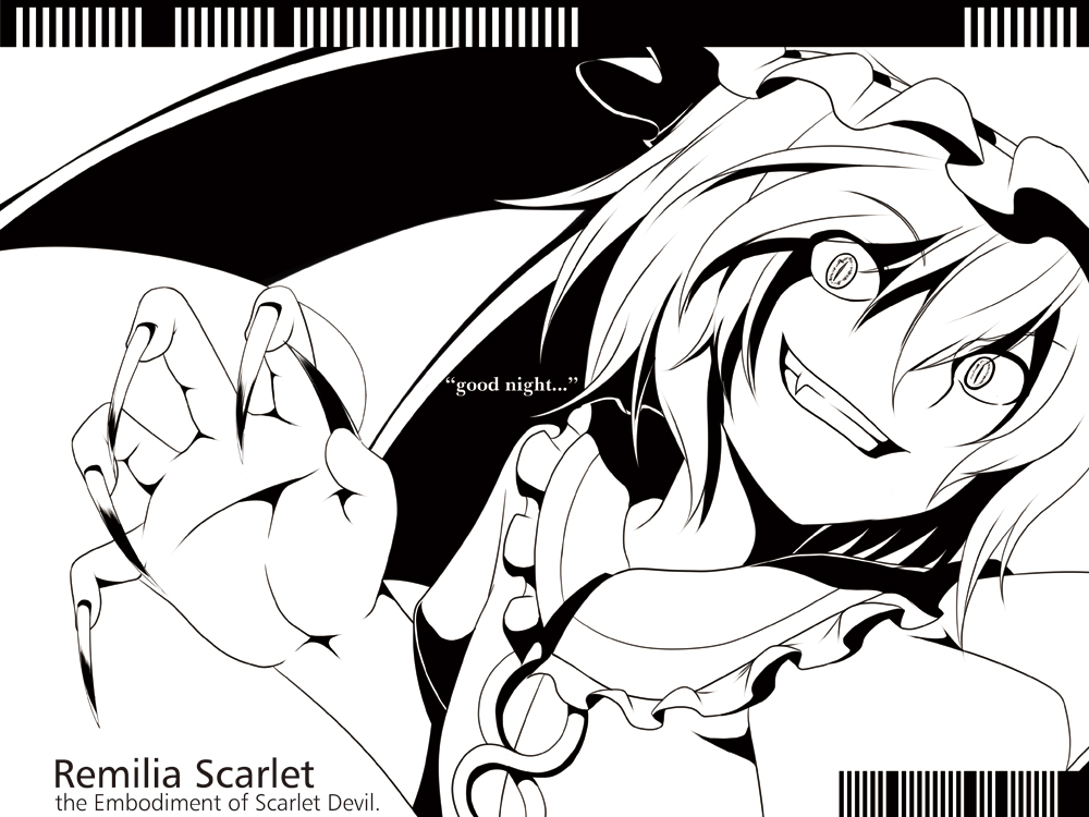 fang, kupala_(artist), monochrome, remilia_scarlet, solo, touhou
