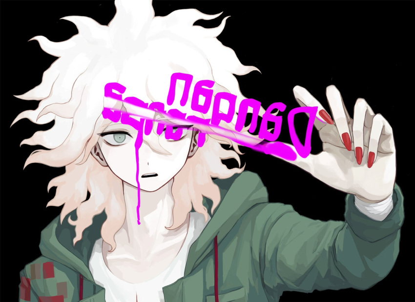 1boy, black_background, collarbone, copyright_name, danganronpa_(series), danganronpa_2:_goodbye_despair, green_jacket, grey_eyes