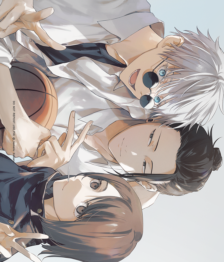 1girl, 2boys, ball, basketball, black_eyes, black_hair, black_jacket, black_shirt