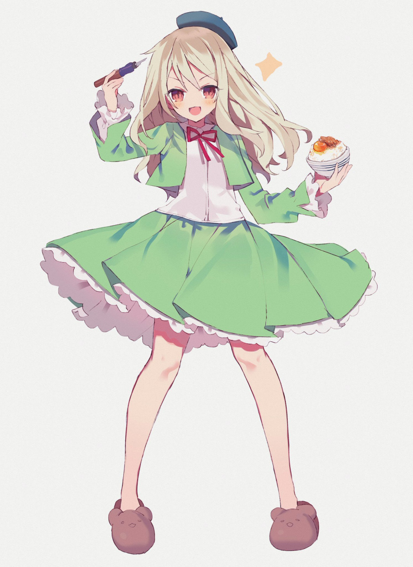 1girl, blonde_hair, blue_headwear, bowl, brown_footwear, cropped_jacket, fate_(series), frilled_skirt