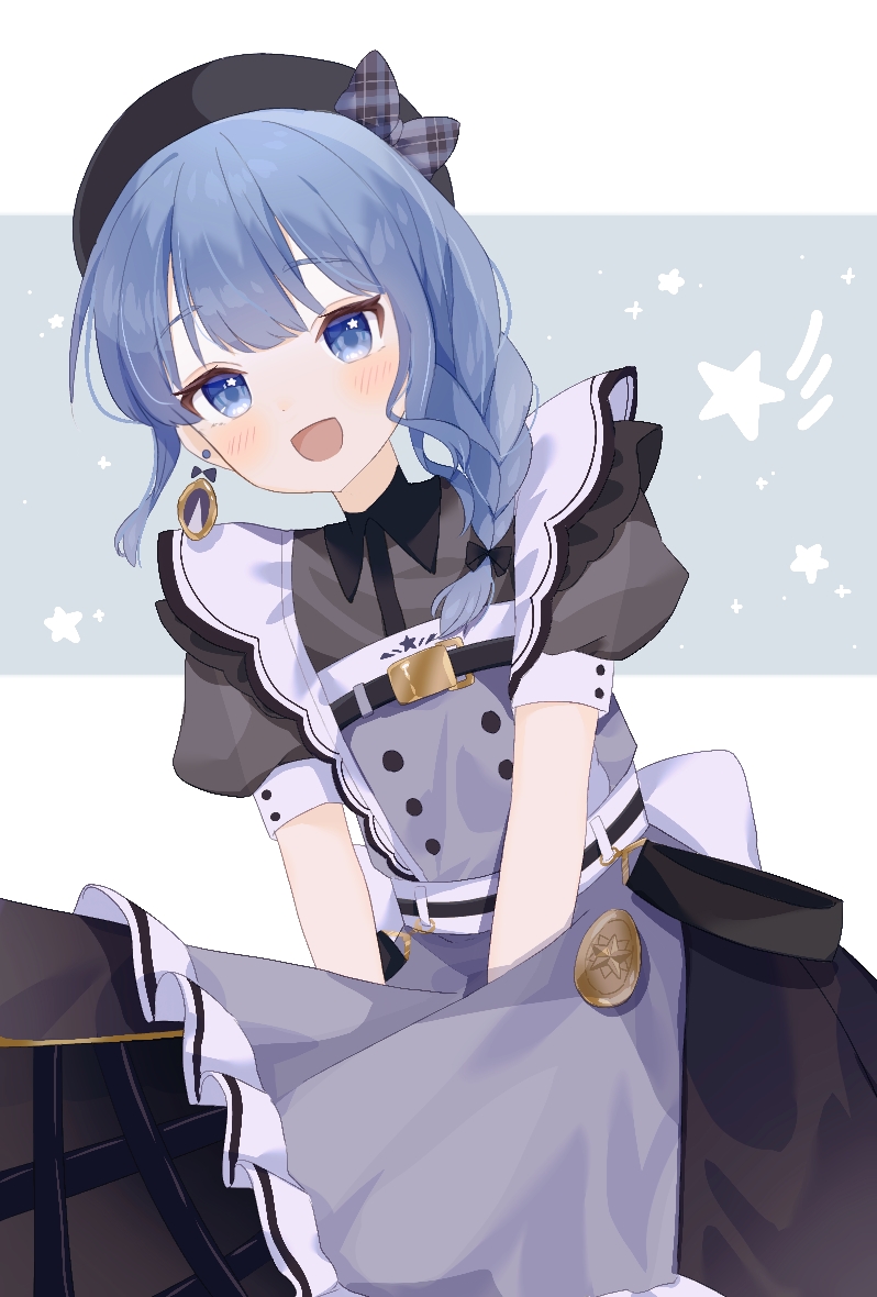1girl, :d, apron, beret, black_bow, black_bra, black_dress, black_headwear, blue_eyes, blue_hair, blush, bow, bowtie, bra, braid, collared_dress, commentary_request, cowboy_shot, dress, earrings, grey_apron, hat, hat_bow, hololive, hoshimachi_suisei, hoshimachi_suisei_(6th_costume), jewelry, long_hair, looking_at_viewer, maid, maid_apron, official_alternate_costume, open_mouth, piko_pinapi, plaid, plaid_bow, plaid_bowtie, puffy_short_sleeves, puffy_sleeves, short_hair, short_sleeves, smile, solo, star_(symbol), star_in_eye, symbol_in_eye, underwear, virtual_youtuber, white_background