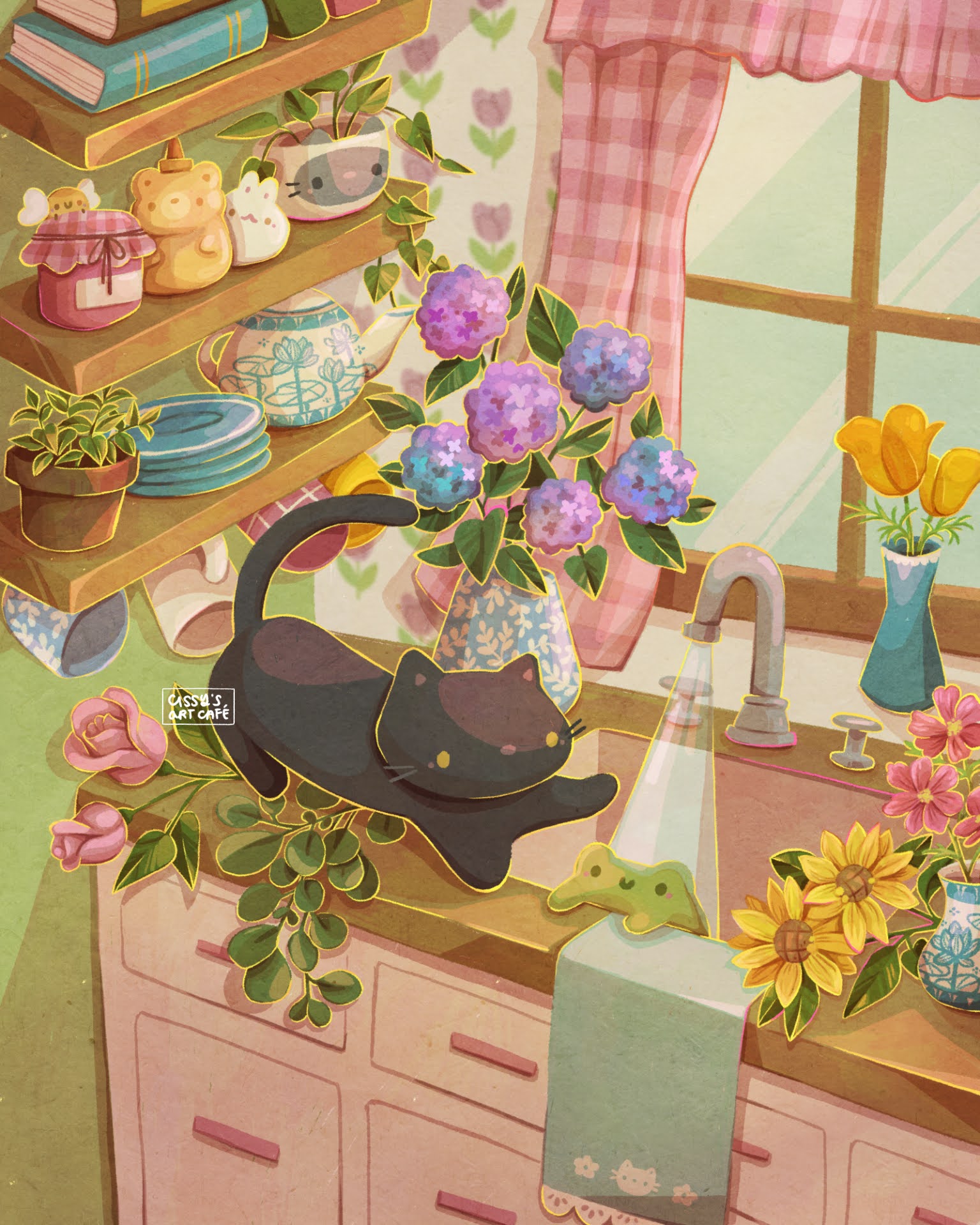 2others, artist_logo, bee, book, bug, cat, cissyartcafe, cup, flower, frog, highres, hydrangea, indoors, kitchen, leaf, multiple_others, original, pink_flower, pink_rose, plant, plate, potted_plant, rose, shelf, sunflower, teacup, teapot, towel, tulip, vase, water, window, yellow_flower, yellow_tulip