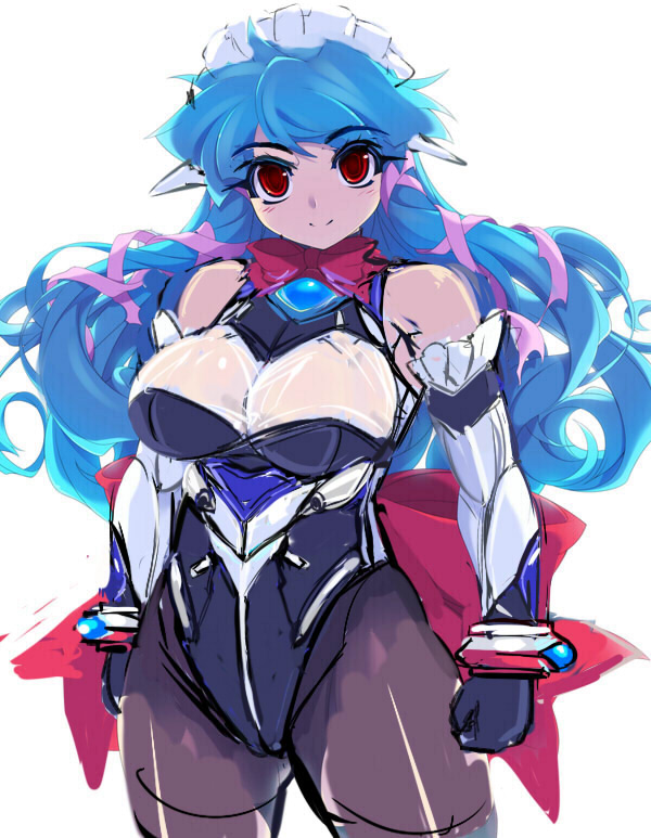 bare_shoulders, blue_hair, bodysuit, breasts, cleavage, elbow_gloves, gloves, large_breasts, leotard, long_hair, maid_headdress, mel/a, melmaid, original, pantyhose, red_eyes