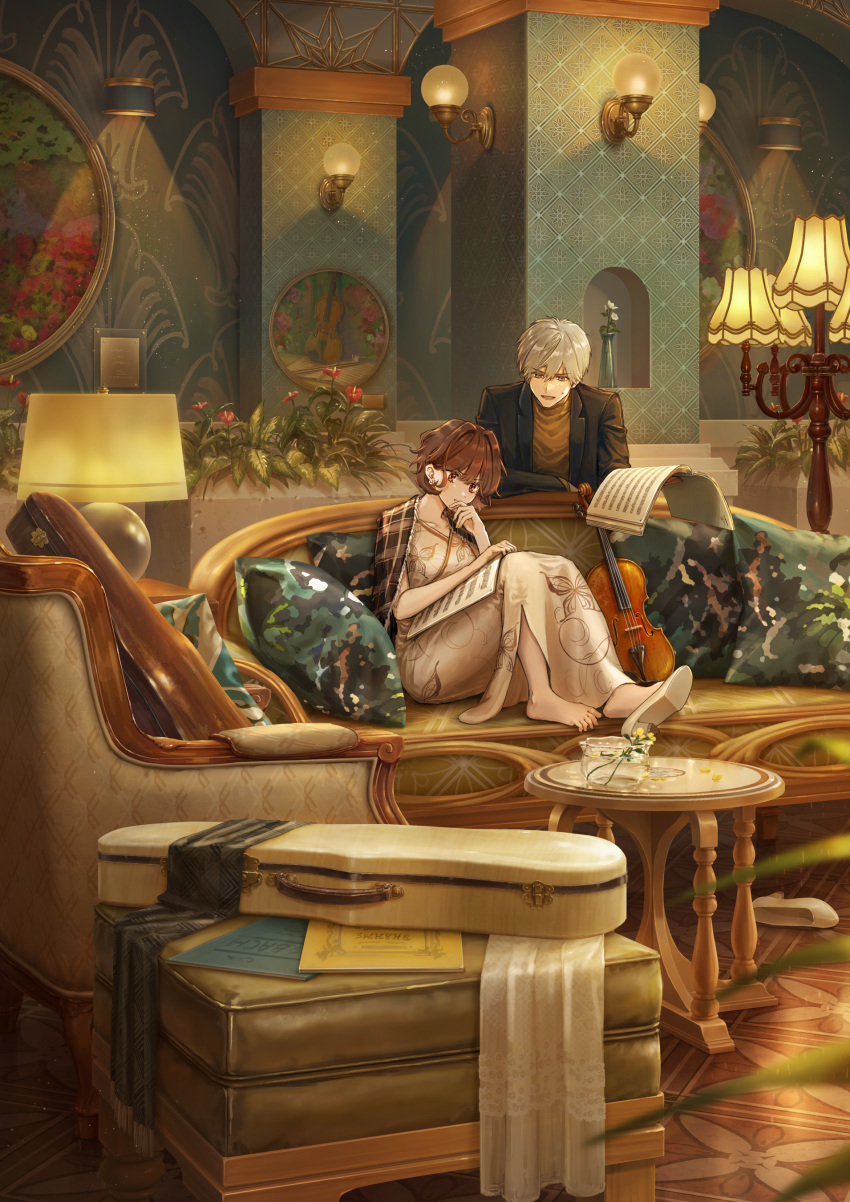 1boy, 1girl, :d, :t, absurdres, animal_print, anthurium, armchair