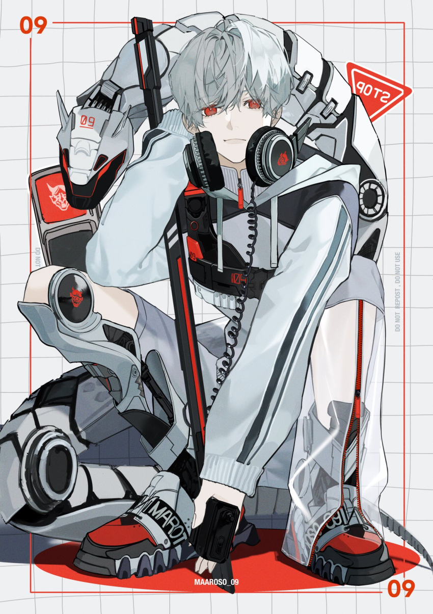 1boy, arm_up, artist_name, boots, character_request, closed_mouth, copyright_request, hair_between_eyes