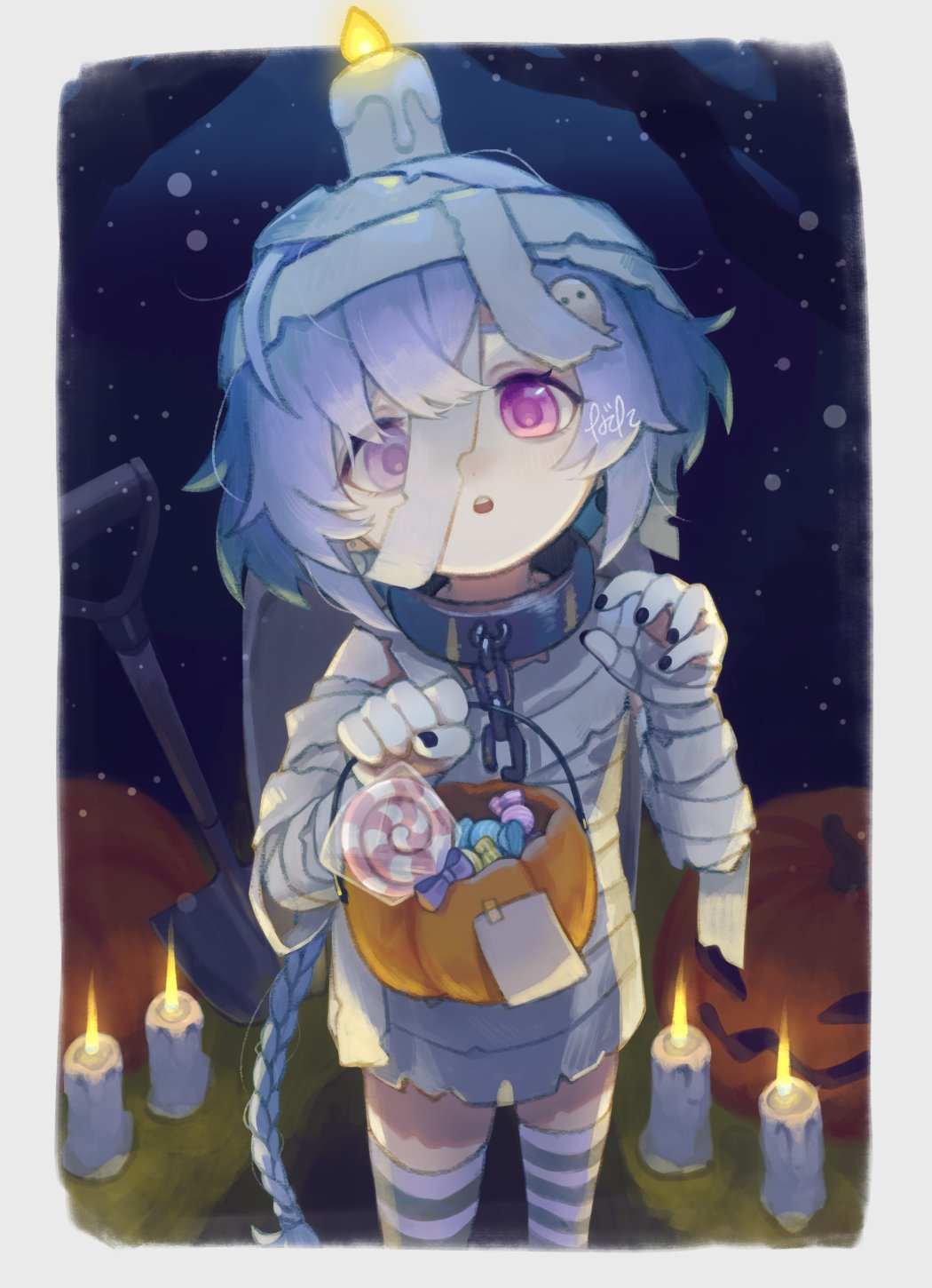 1girl, 750x077, :o, bandaged_arm, bandaged_leg, bandaged_torso, bandages, black_nails