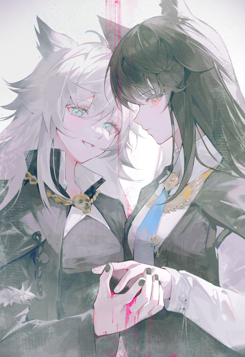 2girls, absurdres, animal_ears, arknights, black_hair, black_jacket, black_nails, black_vest