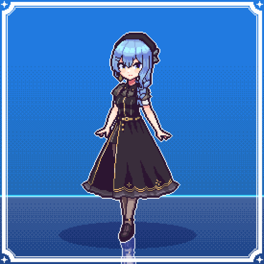 1girl, alternate_costume, animated, animated_gif, apron, art_(rtrunl), bardiche_(weapon), black_dress, black_footwear, black_pantyhose, blue_hair, braid, closed_mouth, dress, earrings, elbow_gloves, enmaided, fingerless_gloves, full_body, glasses, gloves, halberd, highres, holding, holding_polearm, holding_weapon, hololive, hoshimachi_suisei, hoshimachi_suisei_(6th_costume), jewelry, looking_at_viewer, maid, maid_apron, maid_headdress, medium_hair, official_alternate_costume, pantyhose, pixel_art, pocket_watch, polearm, puffy_short_sleeves, puffy_sleeves, semi-rimless_eyewear, short_sleeves, side_braid, skirt_cutout, smile, solo, standing, transformation, virtual_youtuber, watch, weapon