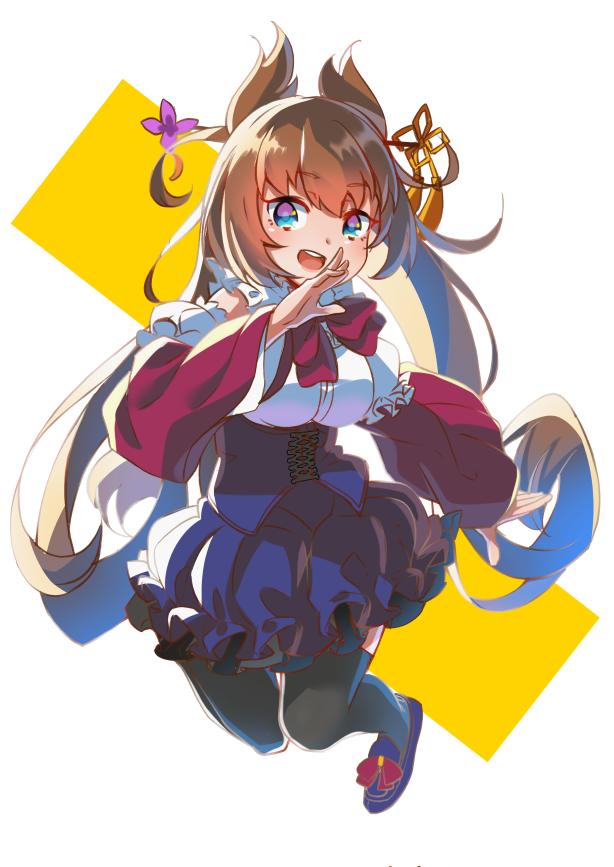 1girl, :d, animal_ears, ascot, black_footwear, black_thighhighs, blue_eyes, blue_skirt