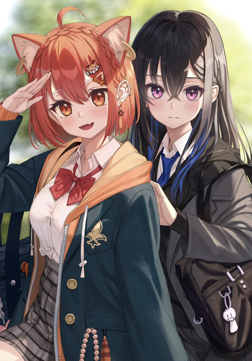 2girls, animal_ears, bag, black_hair, blue_necktie, colored_inner_hair, earrings, hair_ornament