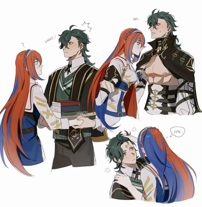 1boy, alear_(female)_(divine_attire)_(fire_emblem), alear_(female)_(fire_emblem), alear_(fire_emblem), blue_hair, blush, braid, breasts
