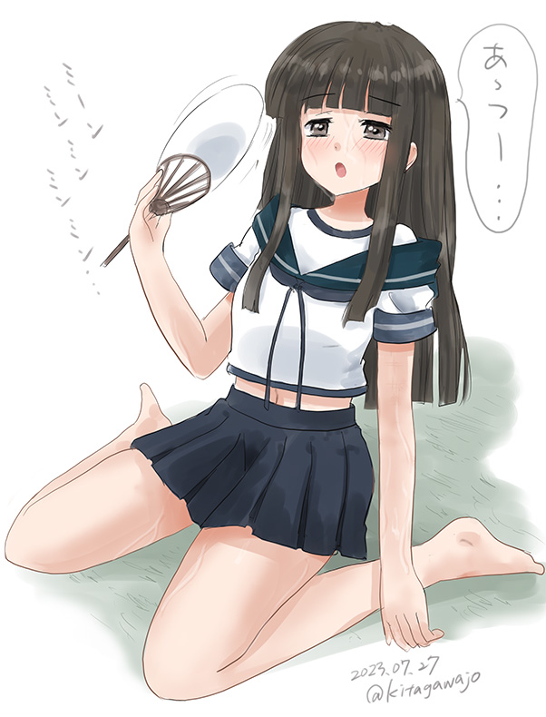 1girl, black_hair, blue_sailor_collar, blue_skirt, blunt_bangs, brown_eyes, commentary_request, fanning_self