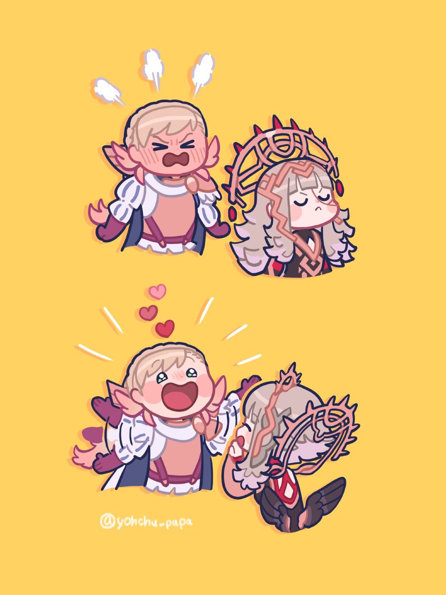 2girls, artist_name, before_and_after, blonde_hair, braid, chibi, closed_eyes, crown_braid