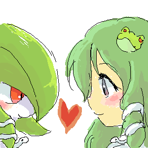 alternate_hairstyle, blush, crossover, eye_contact, face-to-face, gardevoir, green_hair, heart, kochiya_sanae, lowres, multiple_girls, oekaki, pokemon, pokemon_(creature), touhou, tourikansuke, yuri