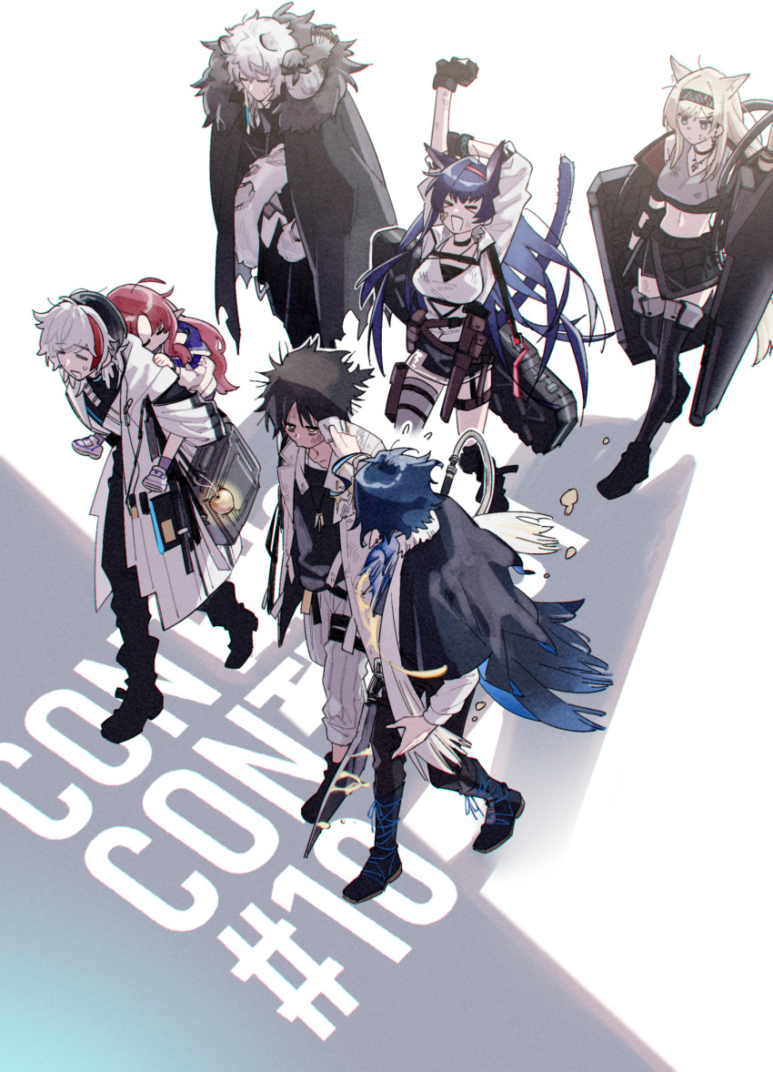 3girls, 4boys, animal_ears, ant, arknights, arms_up, bag, bird, black_hair, blaze_(arknights), blonde_hair, blue_hair, bug, cape, carrying, case, cat_ears, cat_girl, cat_tail, closed_eyes, closed_mouth, coat, crop_top, crow, dark-skinned_male, dark_skin, dirty, dirty_face, elysium_(arknights), exhausted, futaba_(futaba_uc), hairband, highres, horn_(arknights), long_hair, lumen_(arknights), medium_hair, multicolored_hair, multiple_boys, multiple_girls, myrtle_(arknights), navel, open_mouth, piggyback, pointy_ears, redhead, satchel, shield, shirt, short_hair, silverash_(arknights), single_thighhigh, skirt, sleepy, staff, stretching, sweatdrop, tail, thigh-highs, thorns_(arknights), tiger_boy, tiger_ears, tiger_tail, walking, white_hair, wiping_face, wolf_ears, wolf_girl, yellow_eyes