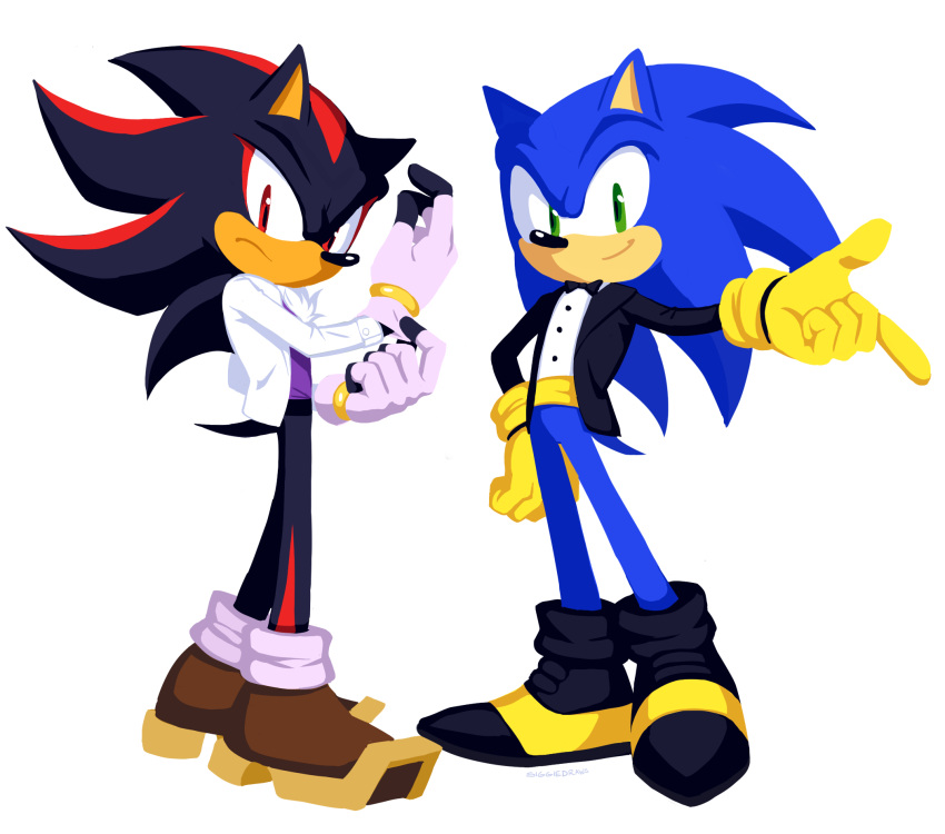 2boys, adjusting_clothes, adjusting_gloves, animal_ears, animal_nose, artist_name, black_bow, black_bowtie