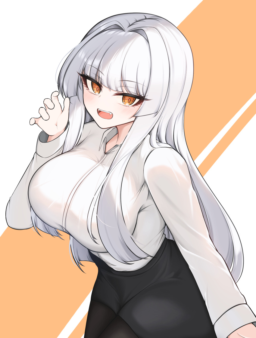 1girl, alternate_costume, black_pantyhose, black_skirt, black_survival, breasts, cowboy_shot, eternal_return:_black_survival, fangs, geah, highres, large_breasts, long_hair, looking_at_viewer, minami_rio, office_lady, open_mouth, pantyhose, shirt, skirt, solo, tagme, taut_clothes, taut_shirt, teeth, upper_teeth_only, white_hair, white_shirt, yellow_eyes