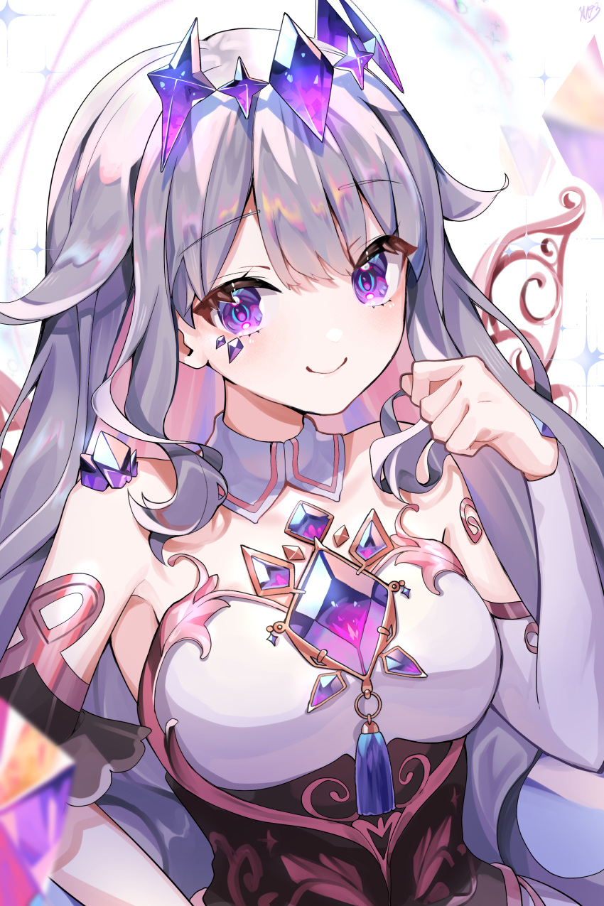 1girl, absurdres, chest_jewel, detached_collar, detached_sleeves, gem, grey_hair, highres