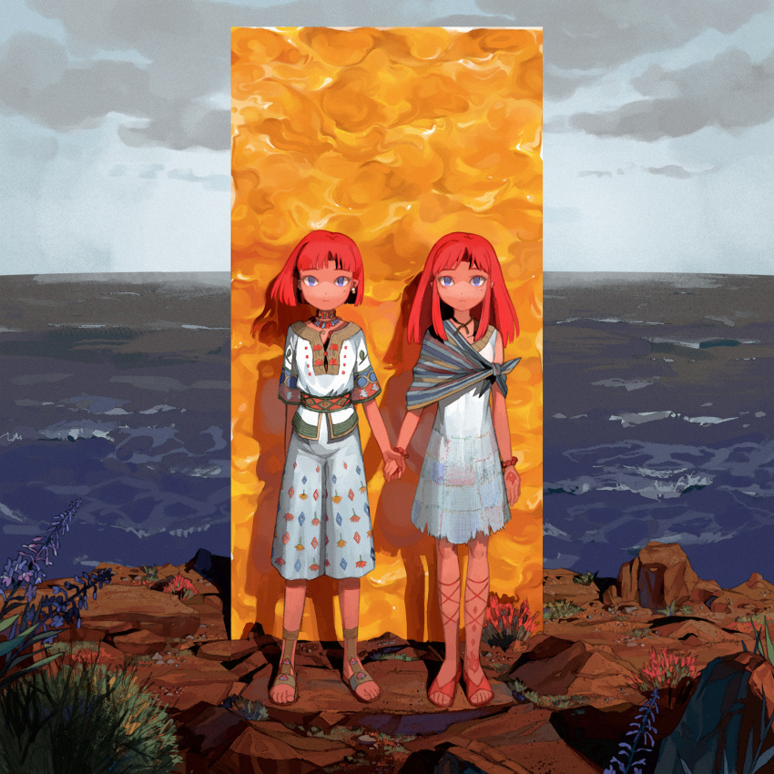 2girls, absurdres, bare_legs, blue_eyes, blunt_ends, clouds, cloudy_sky, day