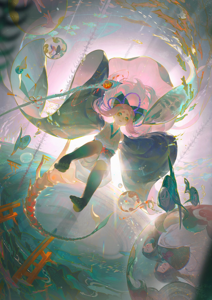 3girls, black_bow, black_hair, bow, bubble, carp, character_request, chinese_clothes, chunriqingqaq, closed_eyes, colorful, dawn, detached_sleeves, dragon_girl, dragon_tail, dress, facial_mark, facial_tattoo, falling, fish, frown, green_eyes, hair_bow, hair_ornament, highres, jewelry, light, long_sleeves, looking_at_viewer, medium_hair, multiple_girls, onmyoji, onmyoji:_the_card_game, onmyouji, open_mouth, parted_bangs, parted_lips, pink_hair, red_ribbon, reflection, reflective_water, ribbon, shadow, sleeves_past_wrists, sunlight, tail, tattoo, traditional_clothes, white_dress
