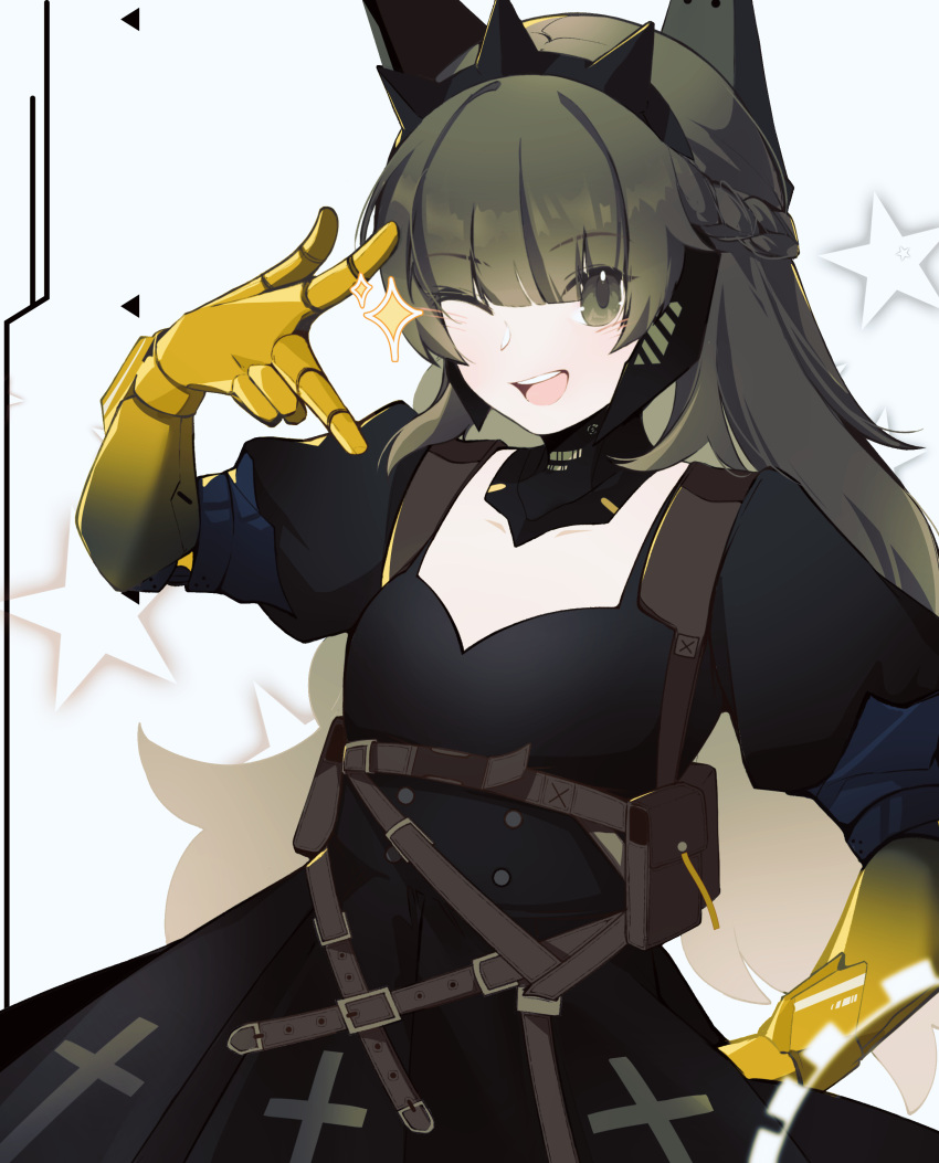 1girl, absurdres, black_dress, black_horns, braid, brown_eyes, brown_hair, cowboy_shot