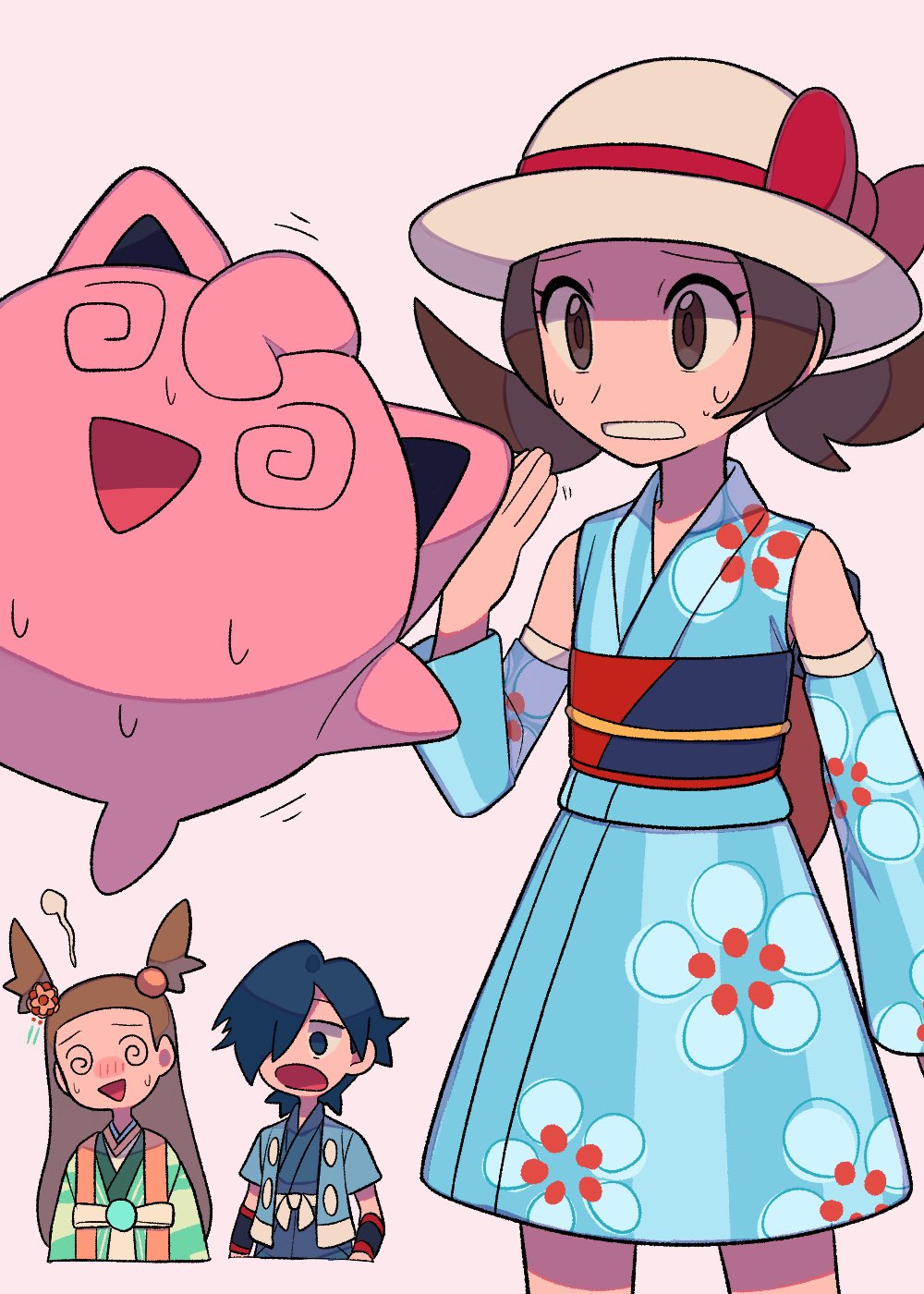 1boy, 2girls, @_@, blue_kimono, bow, brown_eyes, brown_hair, clenched_teeth, commentary_request, detached_sleeves, eyelashes, falkner_(pokemon), floral_print, giving_up_the_ghost, green_kimono, hand_up, hat, hat_bow, highres, japanese_clothes, jasmine_(pokemon), jasmine_(special_costume)_(pokemon), jigglypuff, kimono, long_hair, lyra_(pokemon), lyra_(summer_2020)_(pokemon), multiple_girls, official_alternate_costume, open_mouth, pokemon, pokemon_(creature), pokemon_(game), pokemon_hgss, pokemon_masters_ex, raised_eyebrows, red_bow, sweat, teeth, twintails, two_side_up, tyako_089, white_headwear, yukata