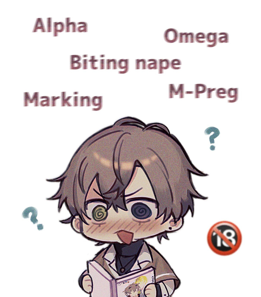 1boy, ?, @_@, alban_knox, alban_knox_(2nd_costume), black_undershirt, blue_eyes, blush, brown_hair, emoji, english_commentary, green_eyes, heterochromia, highres, long_sleeves, magazine_(object), male_focus, meicchl, nijisanji, nijisanji_en, no_one_under_eighteen_emoji, official_alternate_costume, solo, sonny_brisko