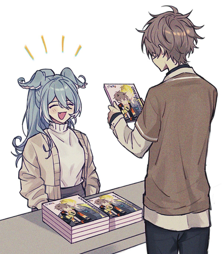 1boy, 1girl, alban_knox, alban_knox_(2nd_costume), black_pants, blue_hair, blue_wings, brown_hair