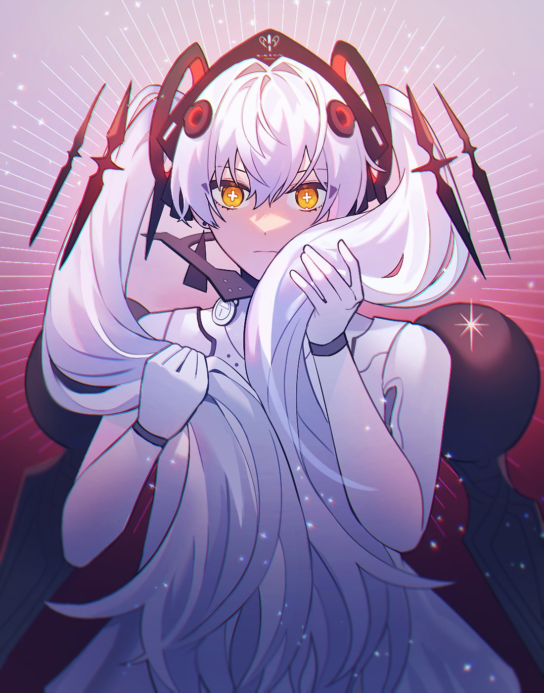 1girl, bodysuit, closed_mouth, cowboy_shot, cross-shaped_pupils, earrings, floating, floating_hair_ornament, floating_headgear, floating_object, floating_weapon, hair_between_eyes, headgear, highres, holding_own_hair, jewelry, long_hair, looking_at_viewer, luna:_laurel_(punishing:_gray_raven), luna_(punishing:_gray_raven), orange_eyes, orb, punishing:_gray_raven, rapen01, solo, symbol-shaped_pupils, triangle_earrings, twintails, very_long_hair, white_bodysuit, white_hair