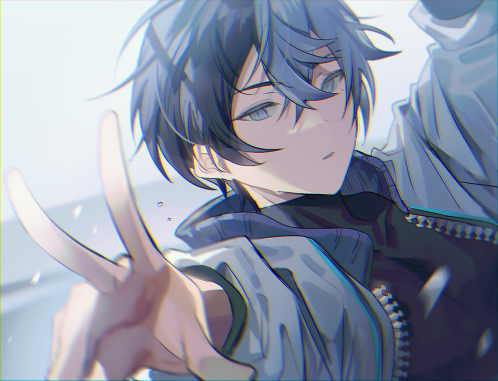 1boy, aoyagi_touya, black_shirt, blue_eyes, blue_hair, blue_jacket, blurry, blurry_background