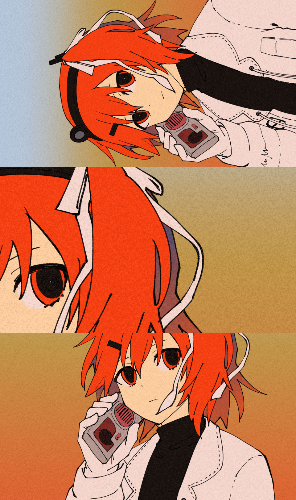 1girl, a.i._voice, adachi_rei, black_shirt, blue_background, cassette_player, close-up, closed_mouth