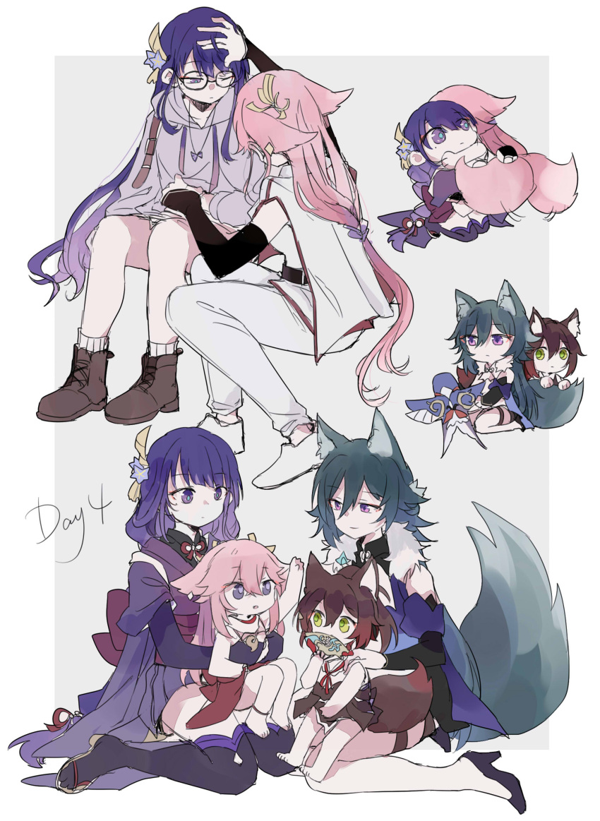 4girls, absurdres, aged_down, animal_ears, arm_up, border, brown_hair, crossover, ear_ornament, fan_over_face, fox_ears, fox_girl, fox_tail, fud, fur_trim, genshin_impact, green_eyes, green_hair, grey_background, hair_between_eyes, hand_fan, high_heels, highres, holding, holding_fan, japanese_clothes, jewelry, long_hair, long_sleeves, miko, mouth_hold, multiple_girls, multiple_views, necklace, pink_hair, purple_hair, purple_shirt, raiden_shogun, shirt, simple_background, sitting, sketch, tail, tingyun_(honkai:_star_rail), very_long_hair, violet_eyes, wariza, white_border, yae_miko, yukong_(honkai:_star_rail)
