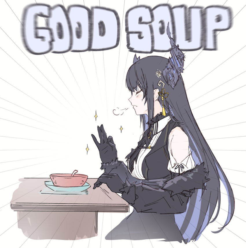 1girl, absurdres, black_gloves, black_hair, bowl, breath, closed_eyes, closed_mouth, cropped_legs, emphasis_lines, food, frown, girls_(hbo), gloves, hbo_max, highres, hololive, hololive_english, horns, hyde_(tabakko), long_hair, meme, nerissa_ravencroft, ok_sign, on_chair, parody, sitting, solo, soup, spoon, table, virtual_youtuber